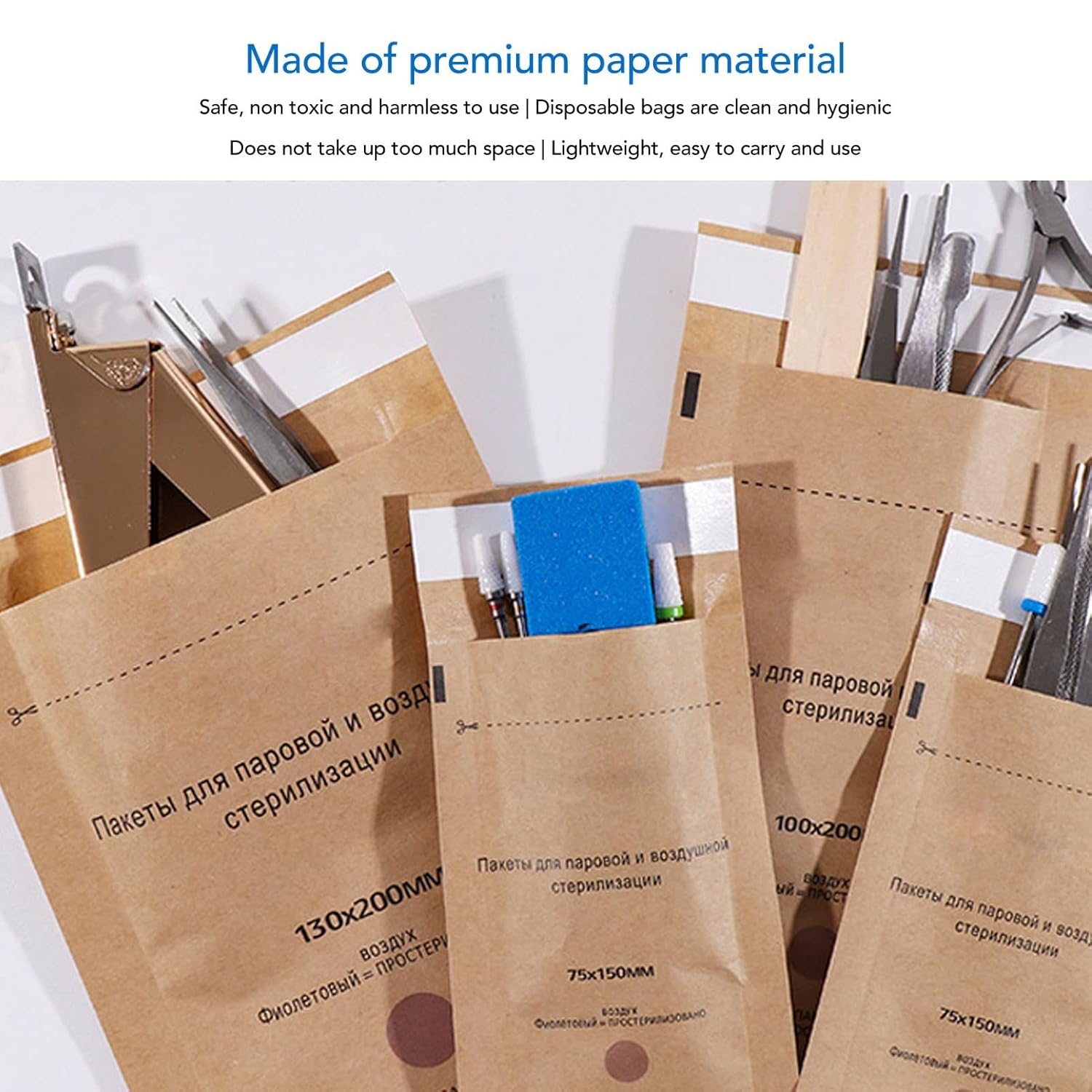 100PCS Self-Sealing Paper Pouches, Disposable Nail & Cosmetic Tool Cleaning Bags (100x200mm)